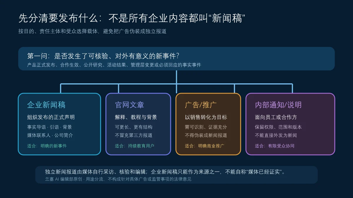 按新事件、持续解释、商业推广和有限受众四种目的区分企业新闻稿、官网文章、广告推广和内部通知的内容载体决策图