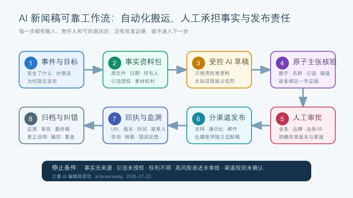 AI新闻稿从事件目标、事实资料包、受控草稿和原子主张核验，经过人工审批、分渠道发布、回执监测到归档纠错的八步工作流