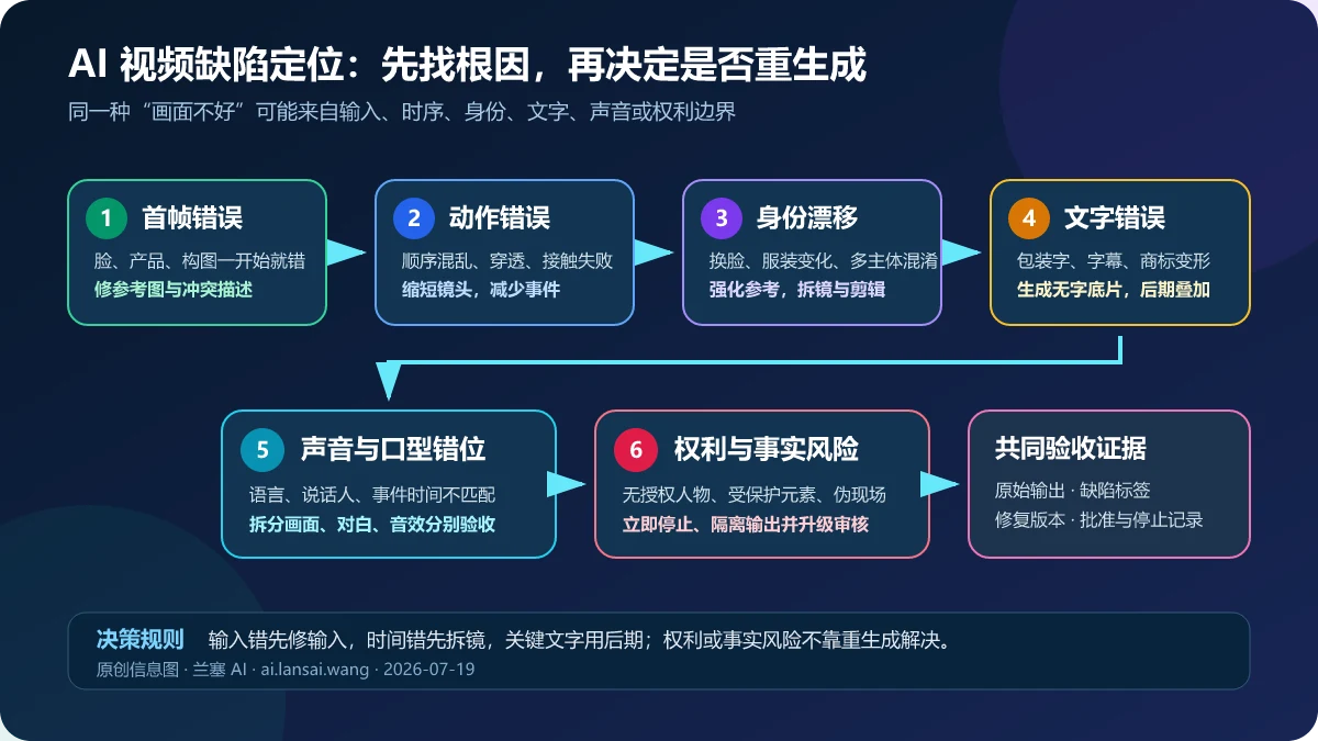AI 视频缺陷从首帧、动作、身份、文字、声音到合规风险的定位与修复路线