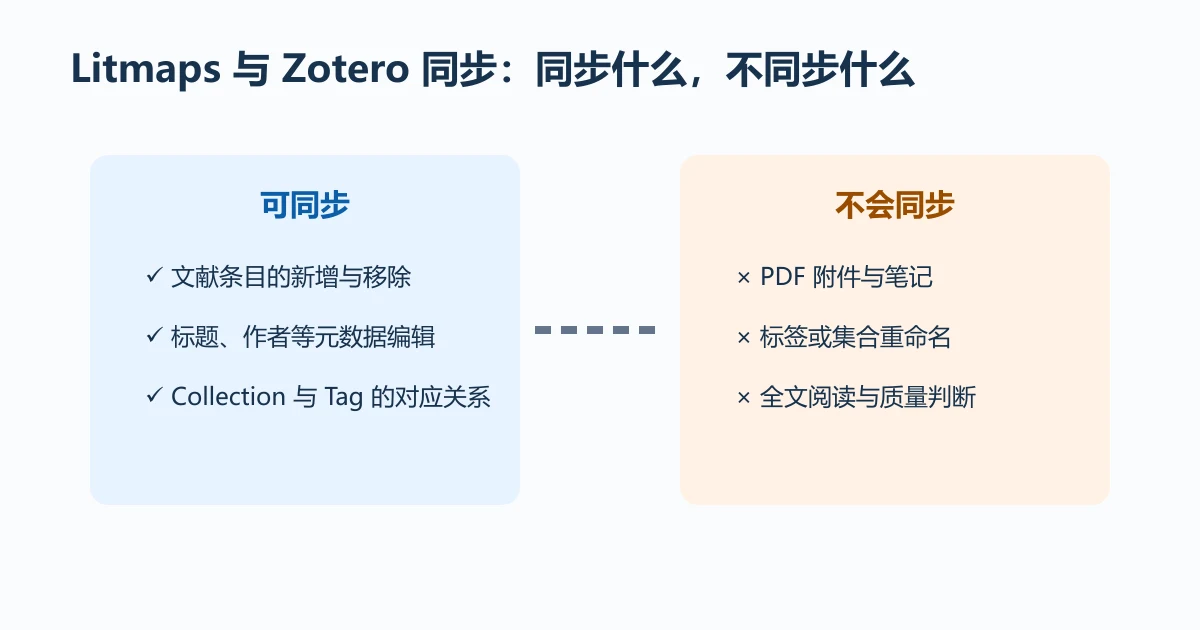 Litmaps 与 Zotero 同步会传递文献条目和元数据，但不会同步 PDF、笔记和重命名
