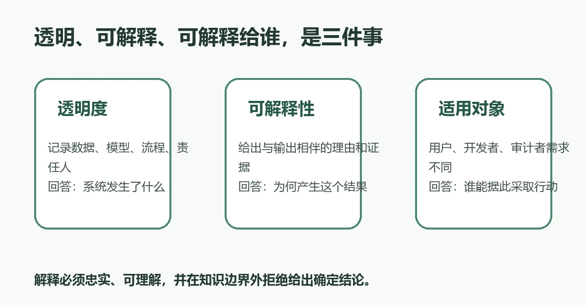 透明度、可解释性和目标受众三者关系图