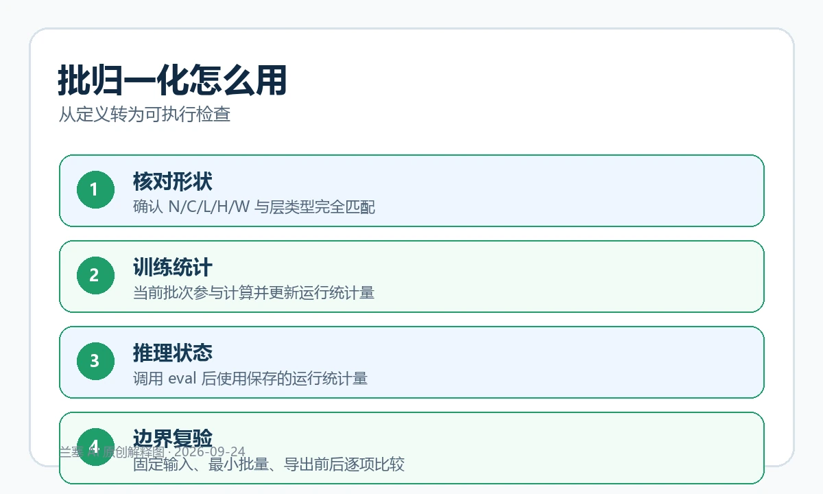 批归一化从输入维度、训练统计量、运行统计量到推理状态的检查流程