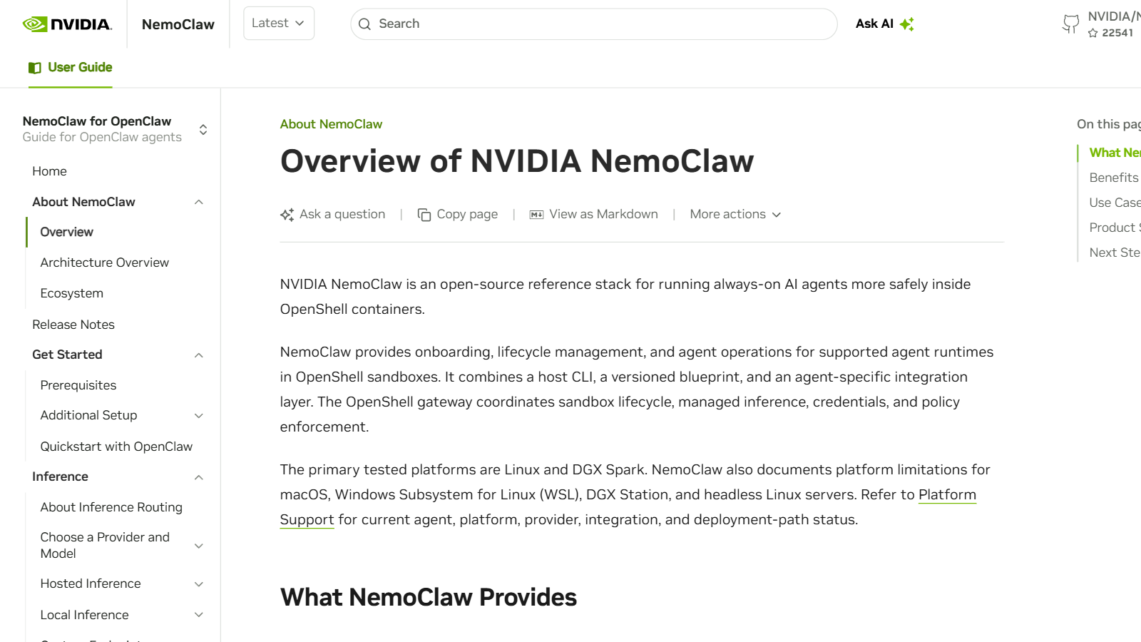 NVIDIA NemoClaw 官方概览页面的 reference stack 与关键能力说明