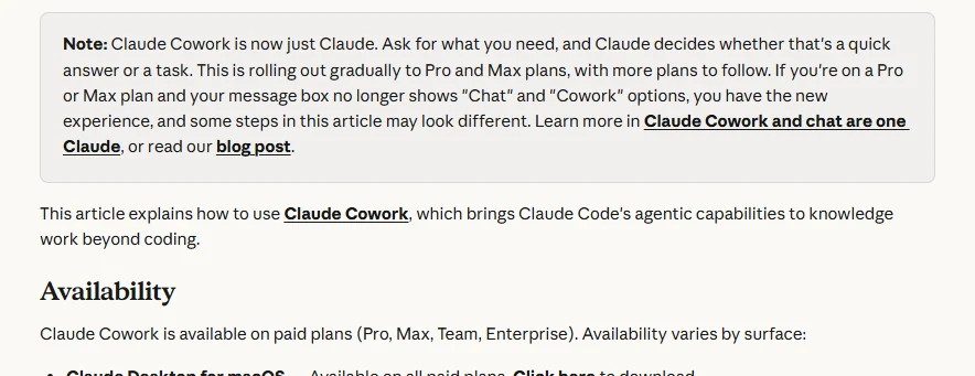 Claude 官方帮助中说明 Cowork 已并入 Claude、Pro 和 Max 分阶段推送,可通过消息框是否仍显示 Chat 与 Cowork 判断新旧体验