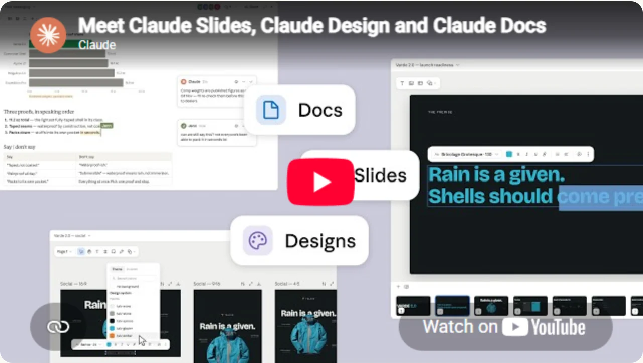 Anthropic 官方公告内嵌演示中的 Claude Docs、Claude Slides 和 Claude Design 界面