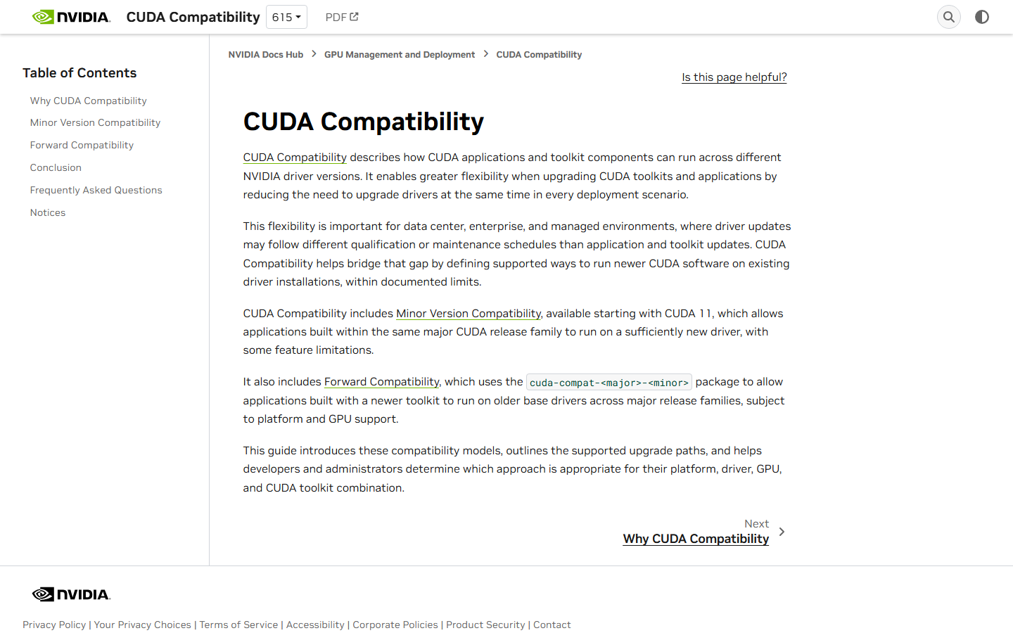 NVIDIA CUDA Compatibility 官方文档展示驱动与 CUDA 运行时兼容路径