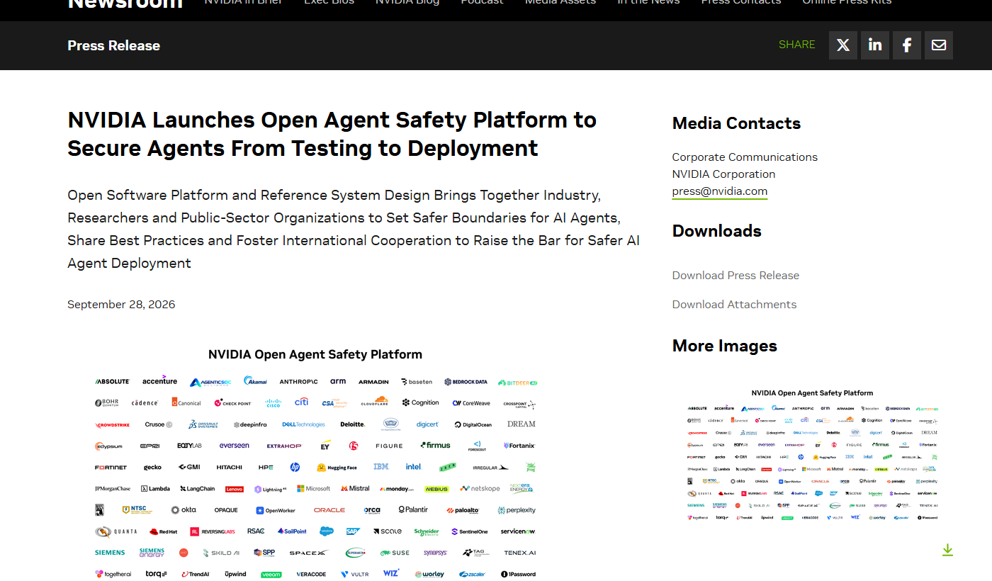NVIDIA 官方发布页面展示 Open Agent Safety Platform、OpenShell 与 Sentry 组成