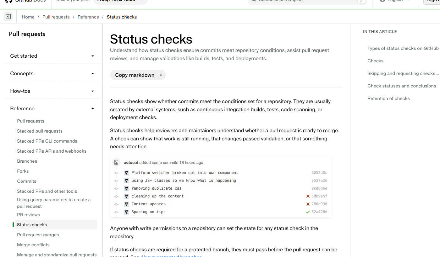 GitHub 官方状态检查文档说明检查状态、结论与拉取请求合并边界