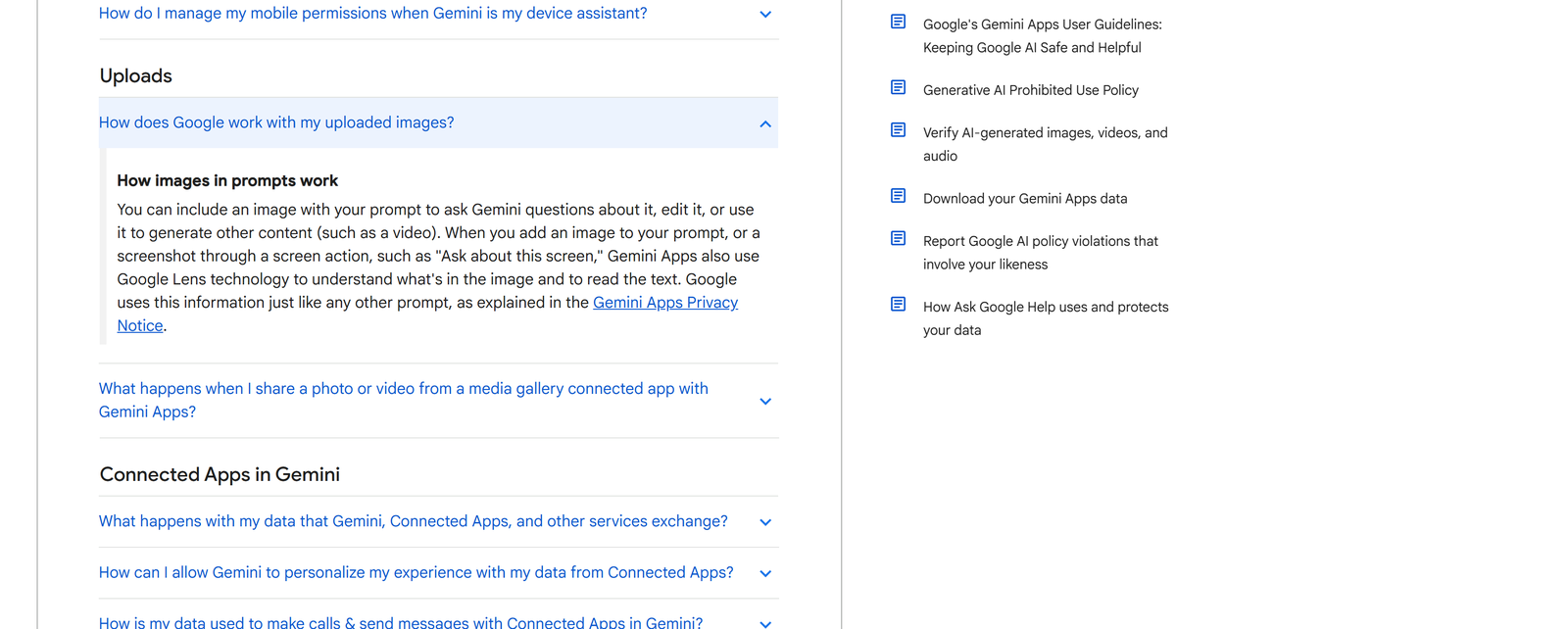 Google Gemini隐私中心中关于上传图片处理方式的官方说明局部
