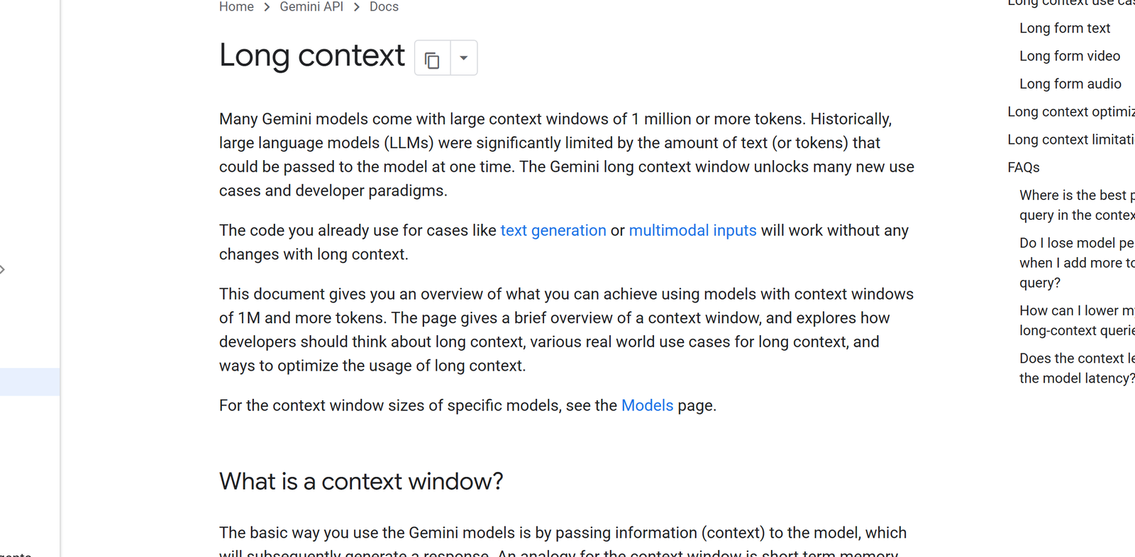 Google Gemini API 官方长上下文文档说明长上下文能力的必要局部