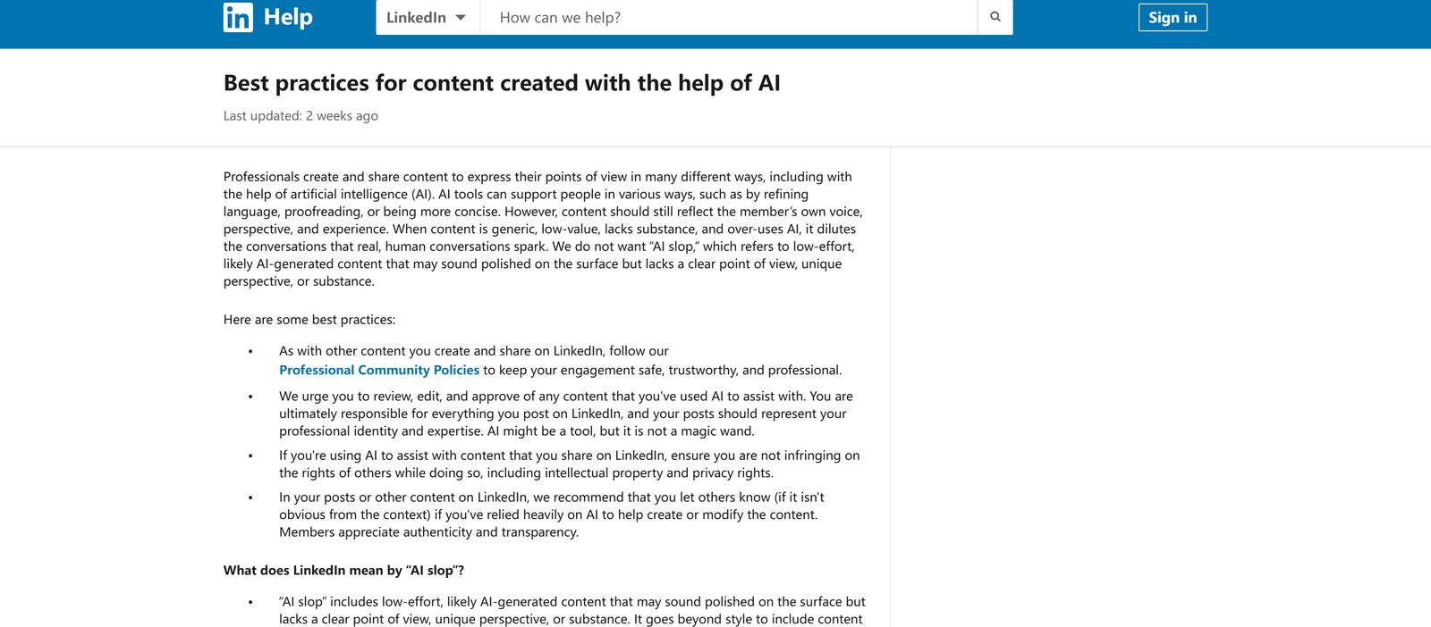 LinkedIn官方帮助中关于AI辅助内容人工审核与责任的说明