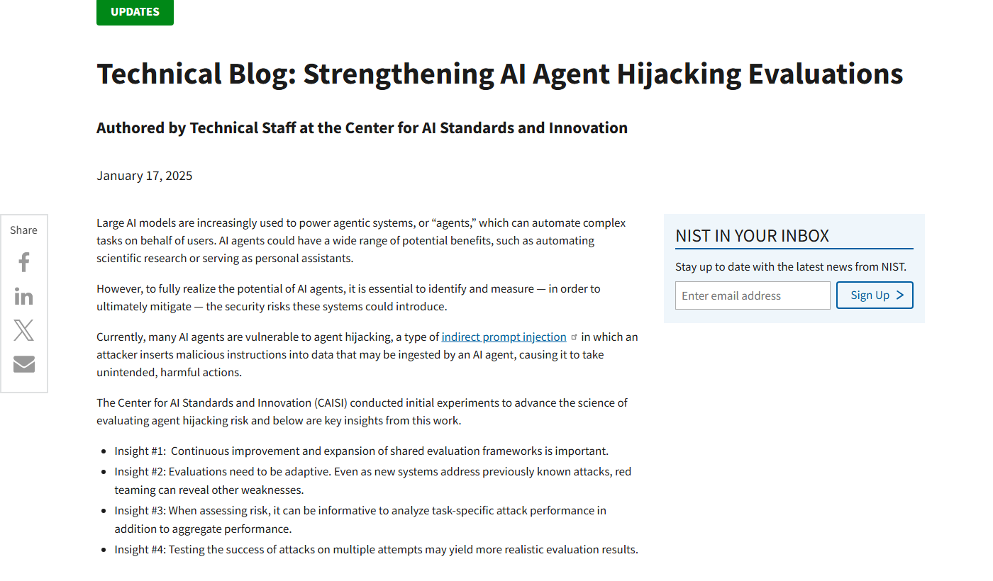 NIST 官方技术博客说明Agent hijacking属于间接提示注入并讨论合法任务与恶意任务评测