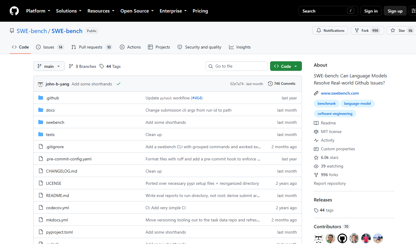 SWE-bench 官方仓库展示真实 GitHub 问题任务与评测运行说明